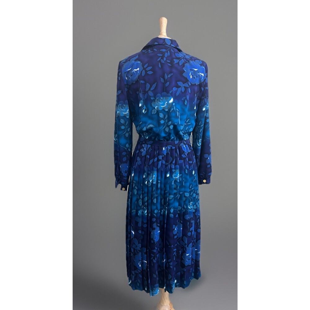 Vintage VICTORIA MORGAN Blue Purple Watercolor Pleated Belted Midi Dress sz 10 - Picture 5 of 7
